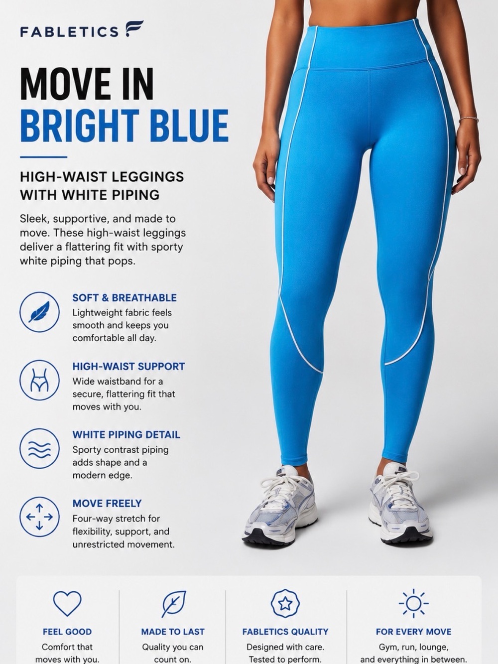 Fabletics Medium Bright Blue High-Waist Leggings with White Piping